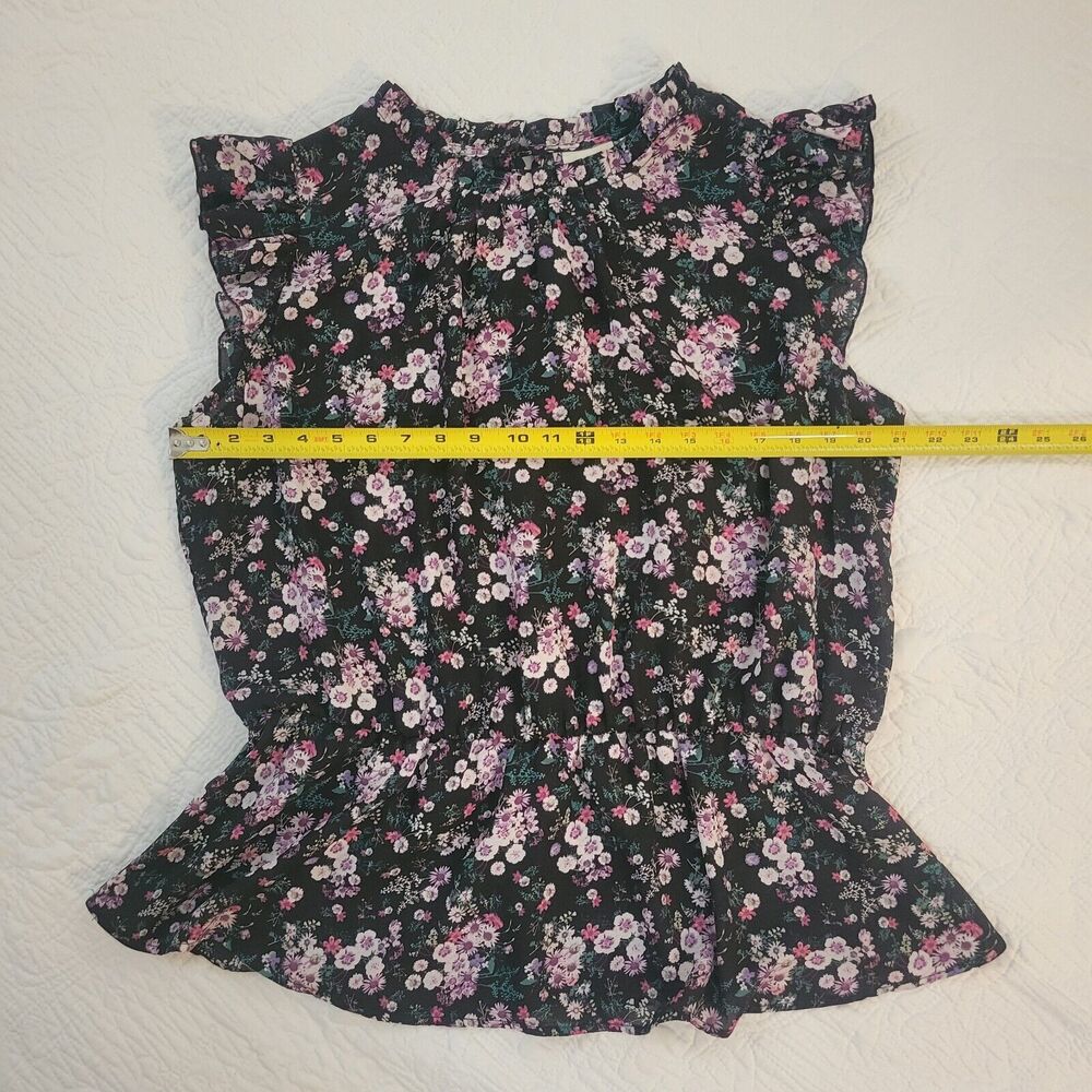 Janet Chung Peplum Floral Chiffon Top Black Purple Pink Flowers Ruffle Sleeve 2X - Picture 9 of 13